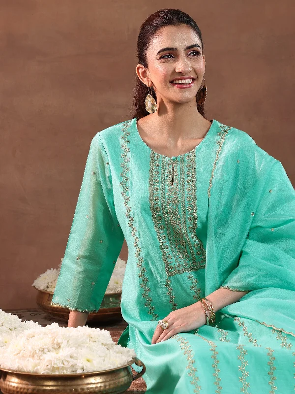 Women's Jumpsuits with Rounded CollarTurquoise Embroidered Chanderi Silk Straight Suit With Dupatta-color issue