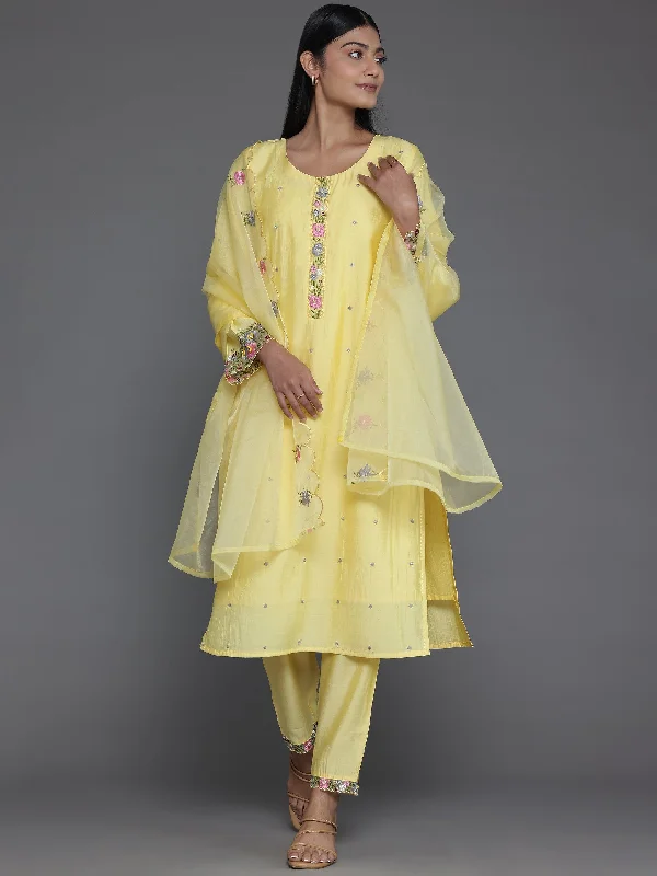 Women's Jumpsuits with Shirt CollarYellow Embroidered Silk Blend Straight Suit With Dupatta