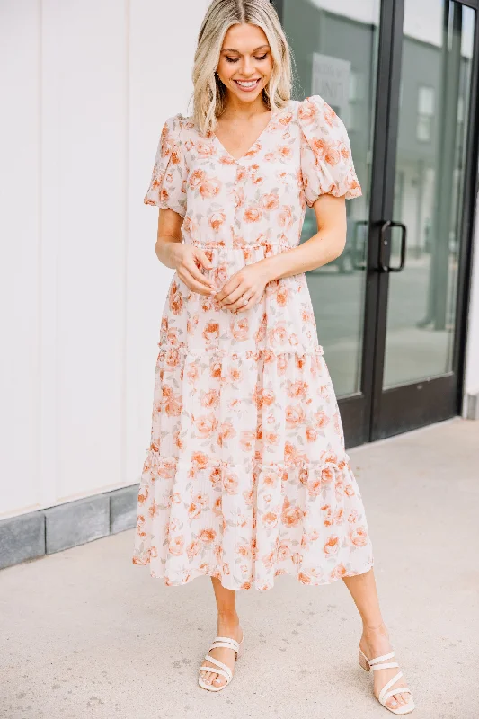 Women's Rounded Collar DressesFeeling Present Dusty Orange Floral Midi Dress