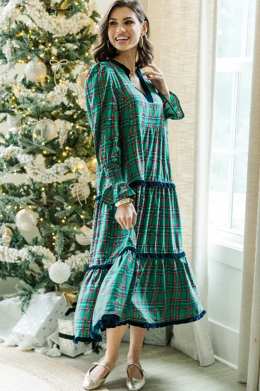 Women's Wide Collar DressesWhat A Surprise Green Plaid Midi Dress