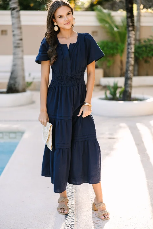 Women's Asymmetrical DressesIt's In The Air Navy Blue Tiered Midi Dress