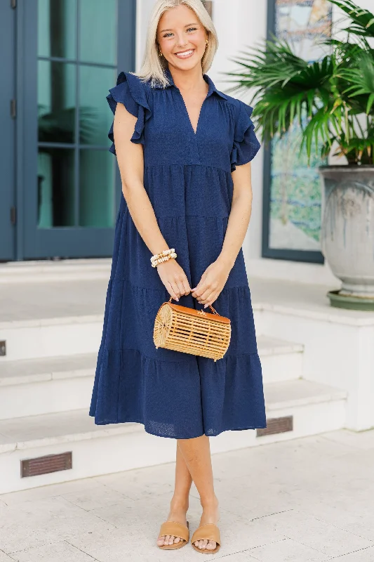 Women's Short-Sleeve DressesLook You Up Navy Blue Ruffled Midi Dress