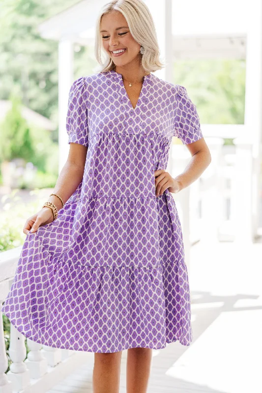 Women's Shirt Collar DressesFast Learner Purple Lattice Print Midi Dress