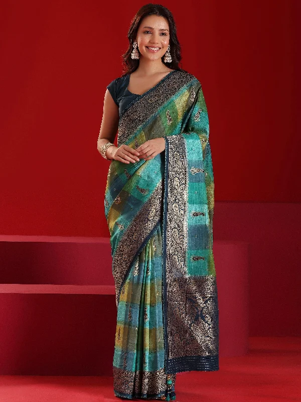 Women's Jumpsuits with Peter Pan CollarLibas Art Green Woven Design Satin Saree With Unstitched  Blouse Piece