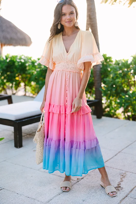 Women's Narrow-Neck DressesInto The Sunset Pink Ombre Midi Dress