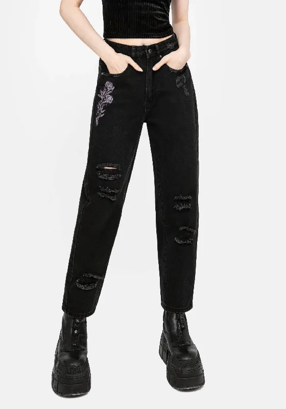 Women's Cropped PantsDeadhead Rose Embroidered Distressed Denim Barrel Leg Jeans