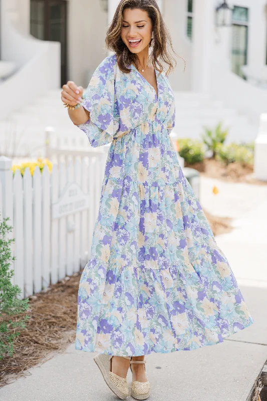 Women's Square-Neck DressesAt This Time Light Blue Floral Midi Dress