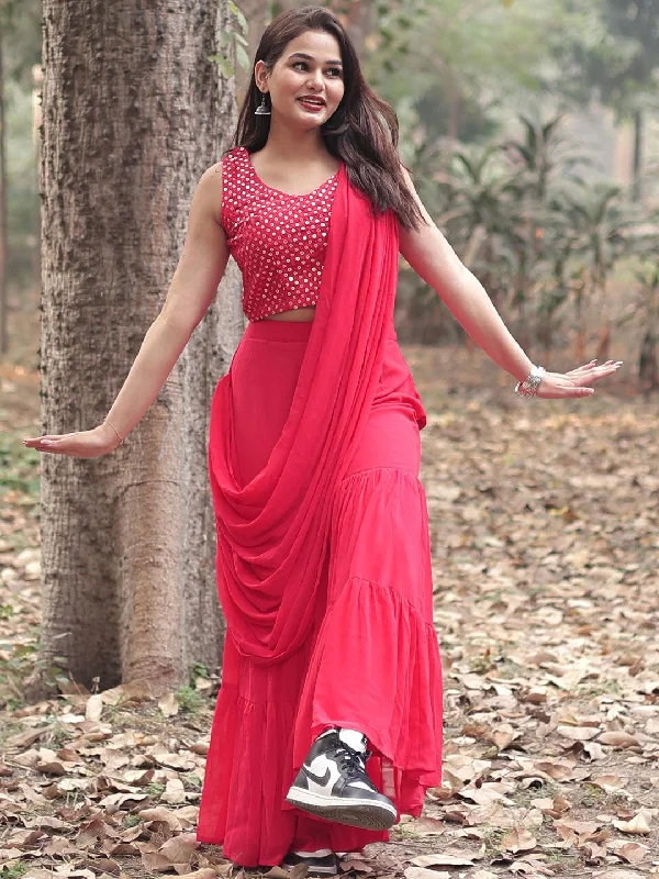 Women's Jumpsuits with Peter Pan CollarPink Embellished Georgette Ready to Wear Saree