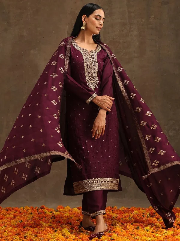 Women's Jumpsuits with Boat CollarPurple Embroidered Silk Blend Straight Kurta With Trousers & Dupatta