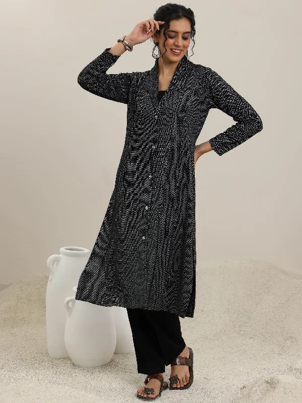 Women's Jumpsuits with Narrow CollarBlack Woven Design Wool Straight Kurta