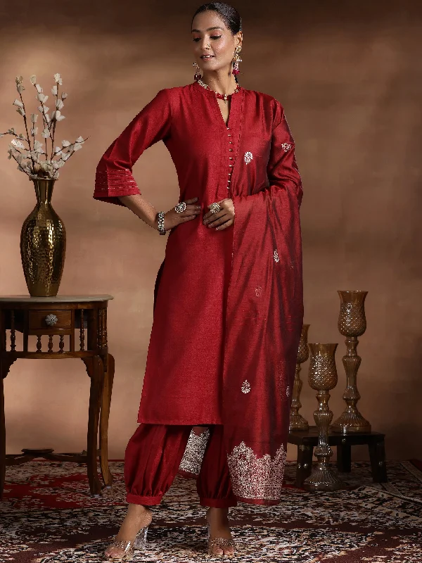 Women's Jumpsuits with Low CollarMaroon Solid Cotton Blend Straight Suit With Dupatta