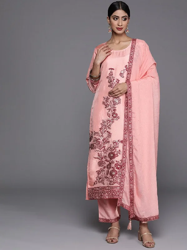 Women's Jumpsuits with Shawl CollarPeach Woven Design Silk Blend Straight Kurta With Trousers & Dupatta