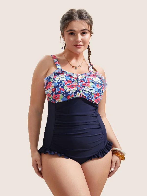 Women's Jumpsuits with Mid-LengthDitsy Floral Patchwork Ruffles Gathered One Piece Swimsuit