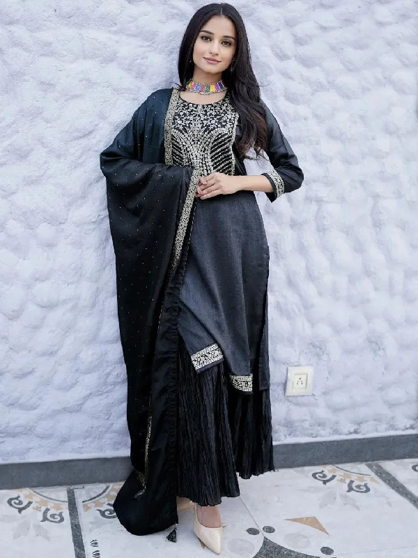 Women's Jumpsuits with Keyhole NeckCharcoal Yoke Design Silk Blend Straight Sharara Suit Set With Dupatta