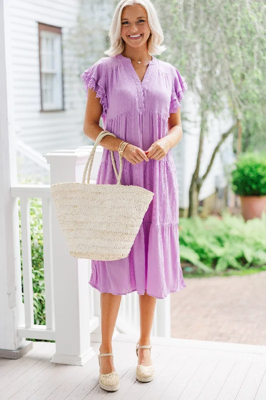 Women's V-Back DressesFeeling The Joy Lavender Purple Eyelet Midi Dress