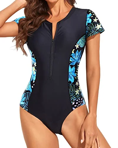 Womens Short Sleeve Rash Guard One Piece Swimsuit Zip Up Bathing Suit-Tropical Leaves