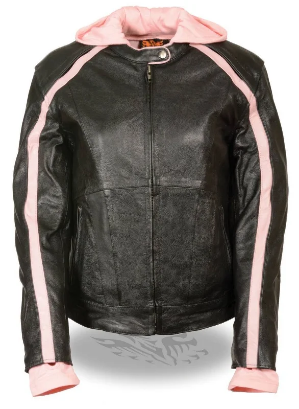 Women's Hooded Sweatshirts with Zipper ClosureMilwaukee Leather SH1951 Women's Black and Pink Striped Leather Jacket with Zip-Out Hoodie