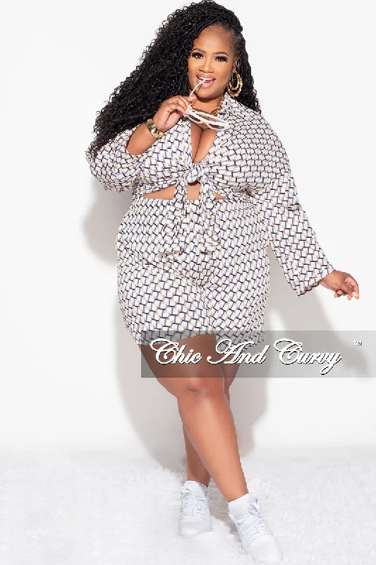 Final Sale Plus Size 3pc Set, Bikini Top High Waist Shorts and Cover Shirt in Tan Powder Blue and Black Design Print