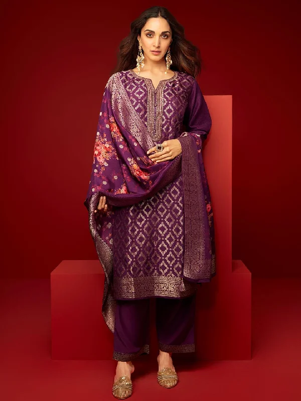 Women's Jumpsuits with Full LengthPurple Woven Design Silk Blend Straight Suit With Dupatta