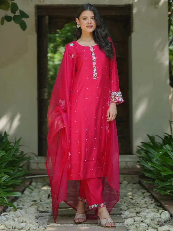 Women's Jumpsuits with V-Shaped CollarRed Embroidered Silk Blend Straight Suit With Dupatta