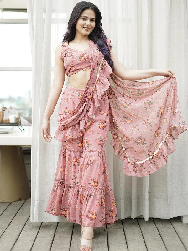 Women's Jumpsuits with U-Shaped CollarPink Printed Georgette Palazzo Saree