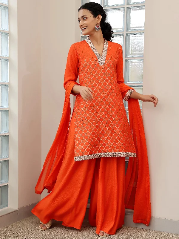 Women's Jumpsuits with Narrow CollarOrange Woven Design Silk Blend Straight Suit With Dupatta