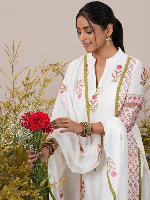 Women's Jumpsuits with Low WaistWhite Printed Chanderi Silk Straight Suit With Dupatta