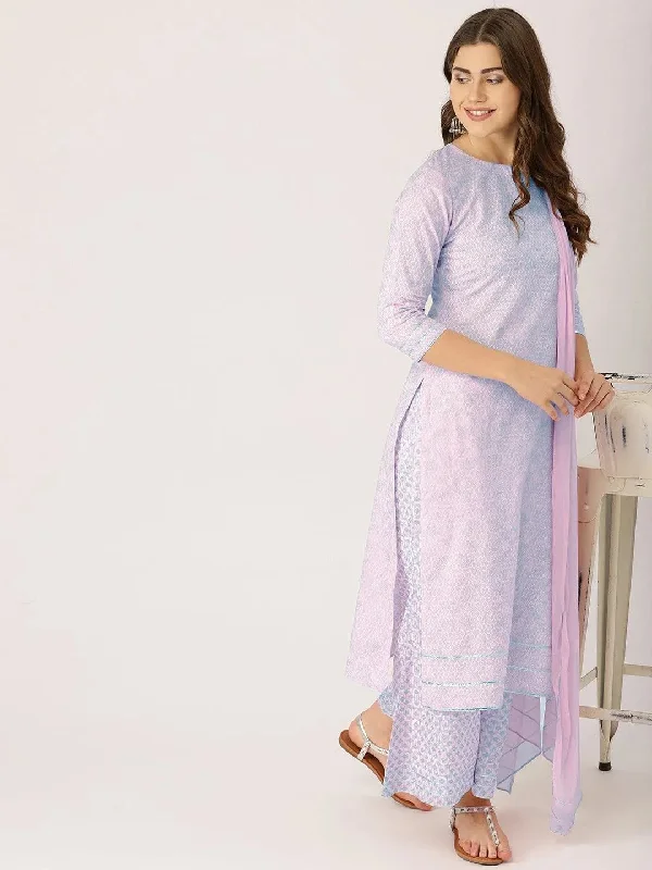 Women's Long-Sleeve JumpsuitsPink Printed Cotton Straight Kurta With Palazzos & Dupatta