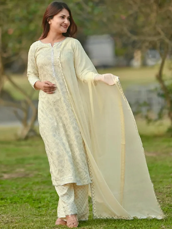 Women's Jumpsuits with Keyhole CollarYellow Printed Cotton Straight Kurta With Palazzos & Dupatta