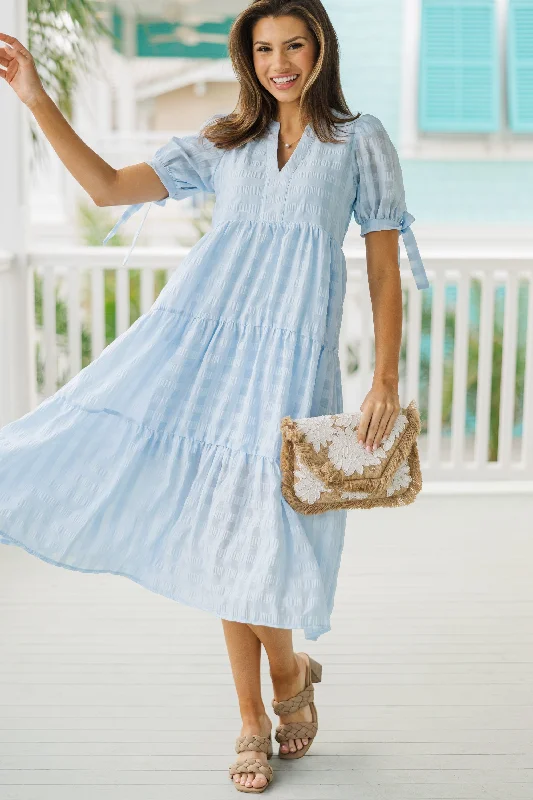 Women's Round-Neck DressesPinch: Take The Compliment Light Blue Gingham Midi Dress