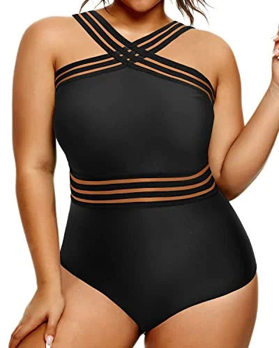 Plus Size One Piece Swimsuits High Neck Mesh Front Crossover Monokinis-Black