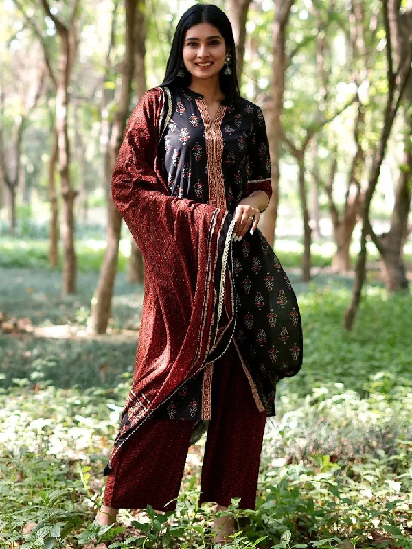 Women's Jumpsuits with Skinny LegBlack Printed Cotton Straight Kurta With Palazzos & Dupatta