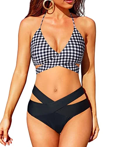 Triangle Wrap Bandage Bikini Set With High Waisted Bottoms For Women-Black And White Checkered