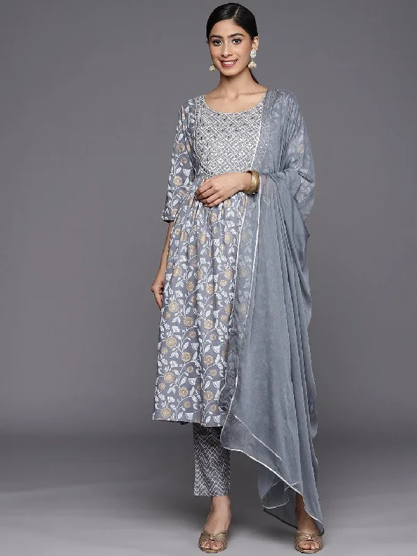 Women's Jumpsuits with Peter Pan CollarGrey Yoke Design Rayon A-Line Kurta With Trousers & Dupatta