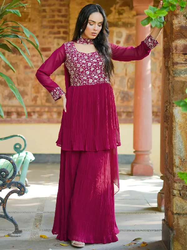 Women's Jumpsuits with Peter Pan CollarLibas Art Pink Embroidered Georgette A-Line Kurta With Sharara & Dupatta