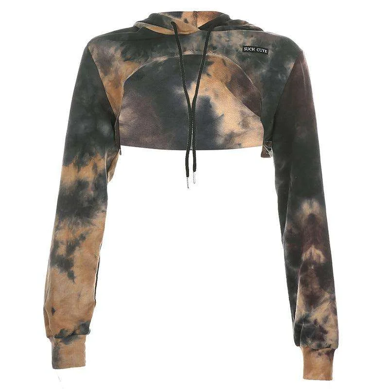 Women's Hooded Sweatshirts with Jacquard LiningPersonalized Tie-dye Letters Crop Hooded Sweatshirt Blouse