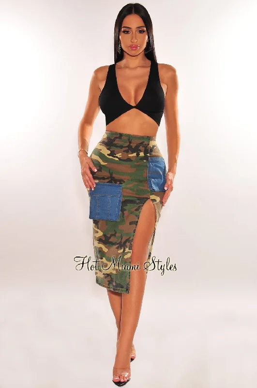 Women's Loose Fit SkirtsDenim Camo Print Cargo High Waist Slit Pencil Skirt