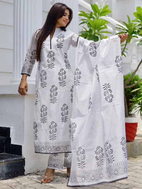 Women's Jumpsuits with Capri LengthWhite Printed Chanderi Silk Straight Suit With Dupatta