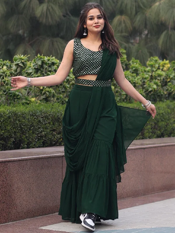 Women's Jumpsuits with Shawl CollarGreen Embellished Georgette Ready to Wear Saree