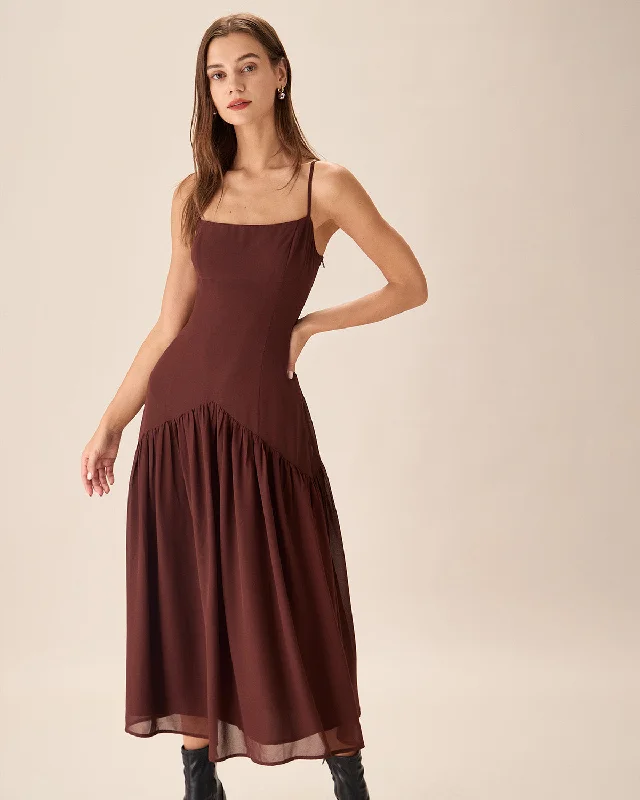 Women's Shift DressesBrown Chiffon Ruched Slip Midi Dress