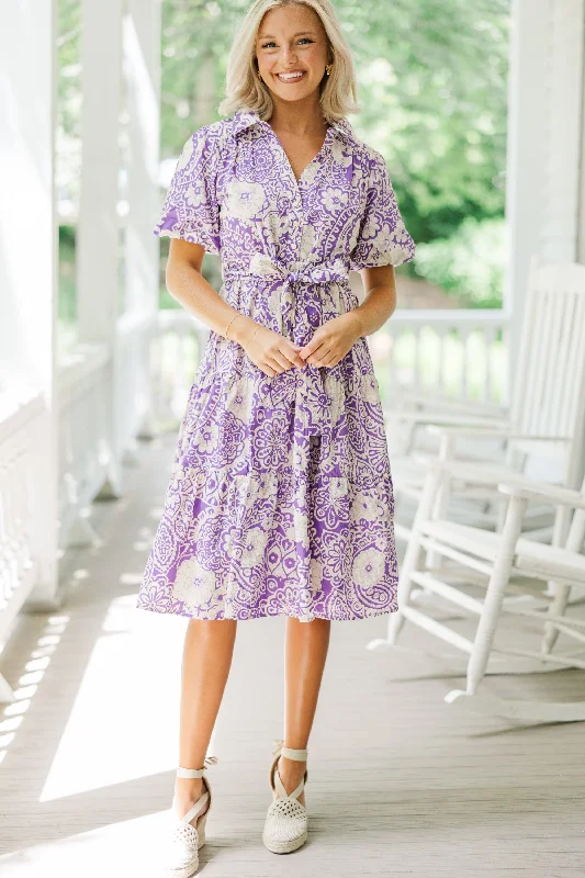 Women's Off-Shoulder DressesThere You Go Lavender Purple Floral Midi Dress