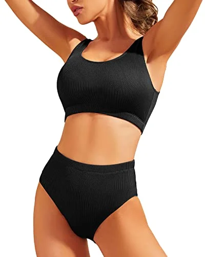 High Waisted Ribbed Bikini Two Piece Bathing Suit For Women-Black