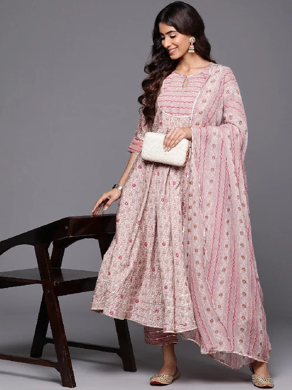 Women's Jumpsuits with Shawl CollarBeige Printed Silk Blend Anarkali Suit With Dupatta