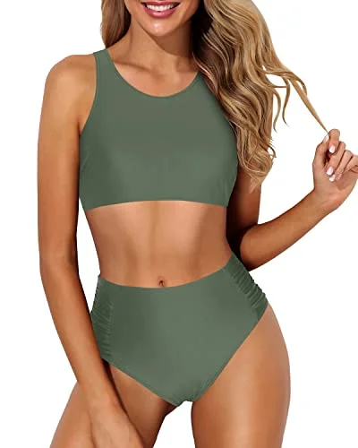 Racerback High Waisted Bikini Set For Mothers And Large Breasted Women-Olive Green