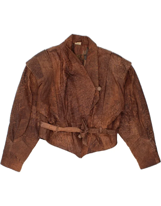 Women's Coats with Fur Trimmed PocketsVINTAGE Womens Crop Leather Jacket IT 40 Small Brown Leather