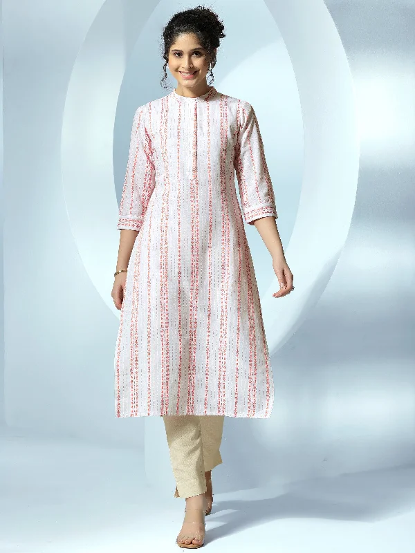 Women's Jumpsuits with ButtonsWhite Woven Design Cotton Straight Kurta