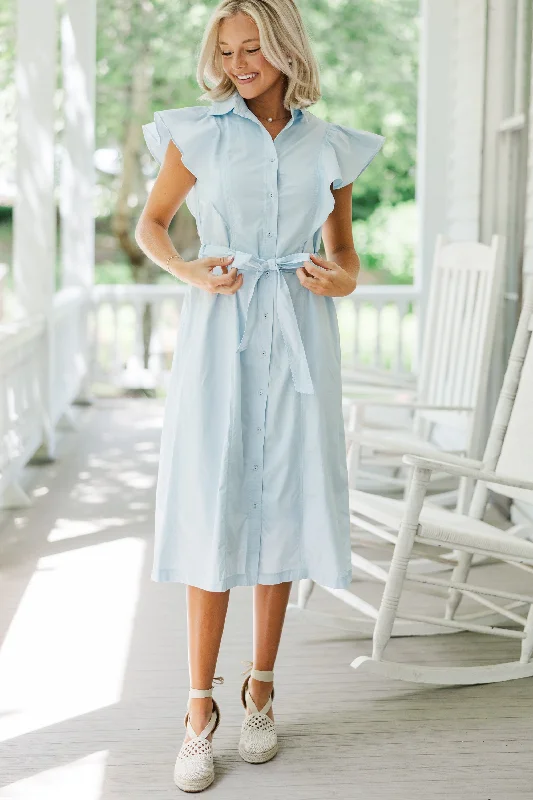 Women's Rounded Collar DressesPlay Through Sky Blue Button Down Midi Dress