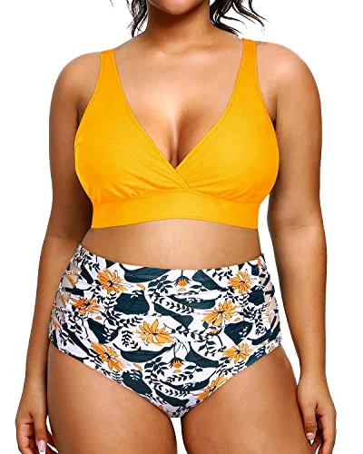 Plus Size Bikini High Waisted Two Piece Swimsuit Push-Up Padded Bra-Yellow Floral