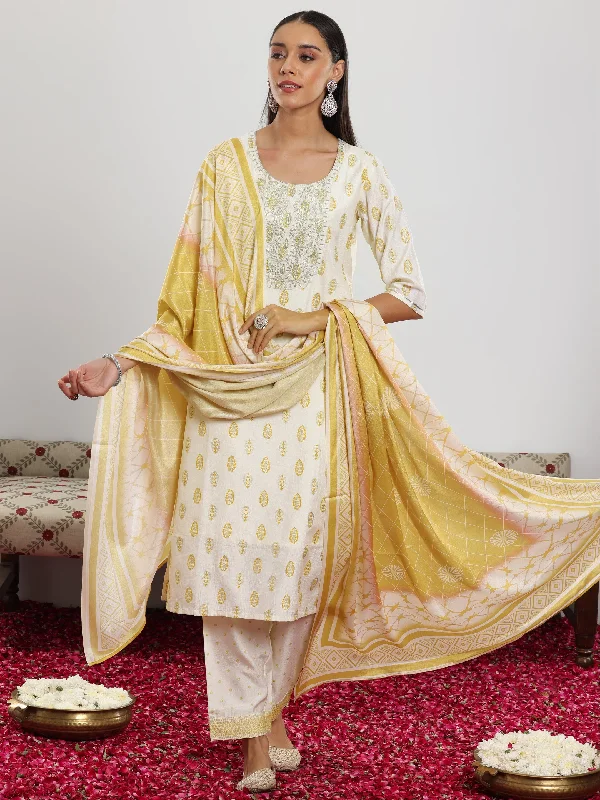 Women's Jumpsuits with Lapel CollarOff White Printed Silk Blend Straight Suit With Dupatta