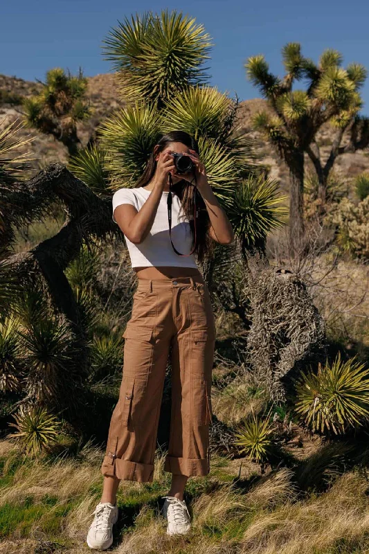 Women's Jodhpurs with Keyhole CollarWide Leg Relaxed 2 Way Cargo Pants - Tan